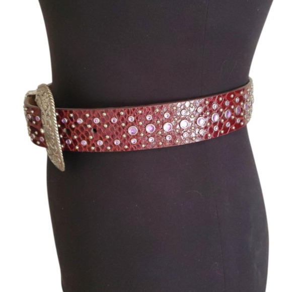 Ariat Burgundy Leather Bling Belt 28 Crystal Reptile Print Tooled Buckle Western - Picture 2 of 11